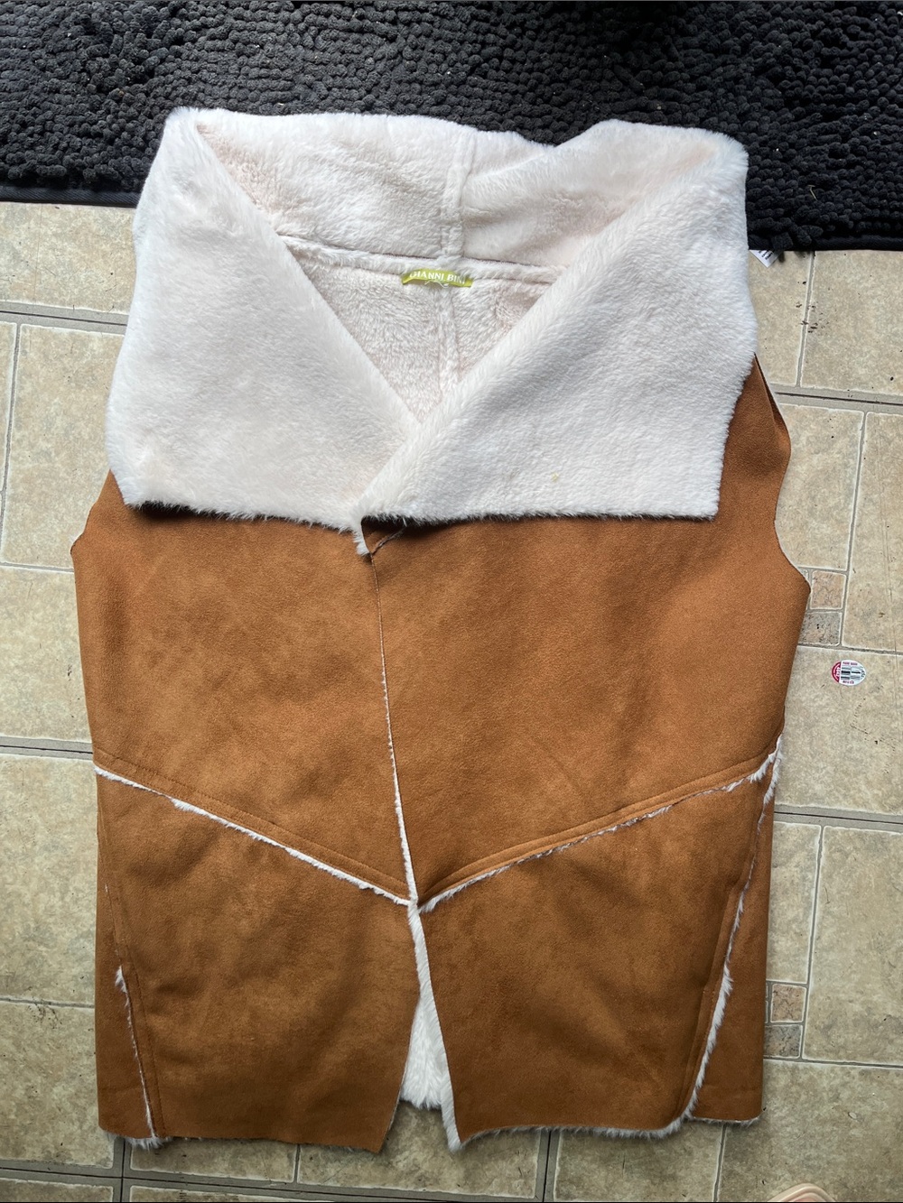 Gianni Bini Brown Faux Suede Vest with Cream Faux Shearling Collar